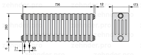 Схема (чертеж) Радиатор Zehnder Charleston 5026/16 №3370 Белый глянцевый RAL 9016